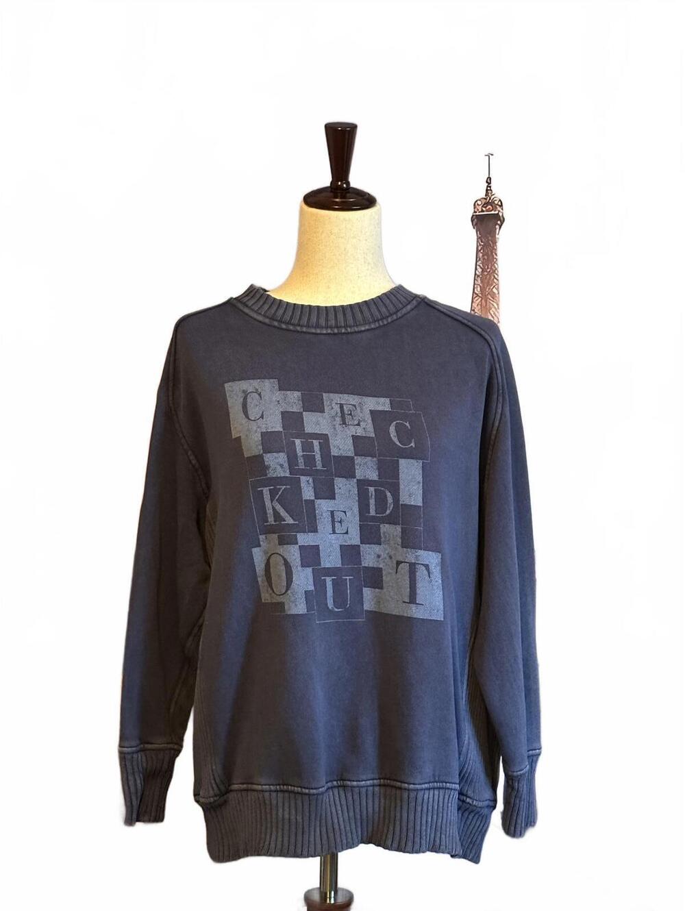 Aerie "Checked Out" Graphic Sweatshirt, Navy Blue. XS - Picture 2 of 4
